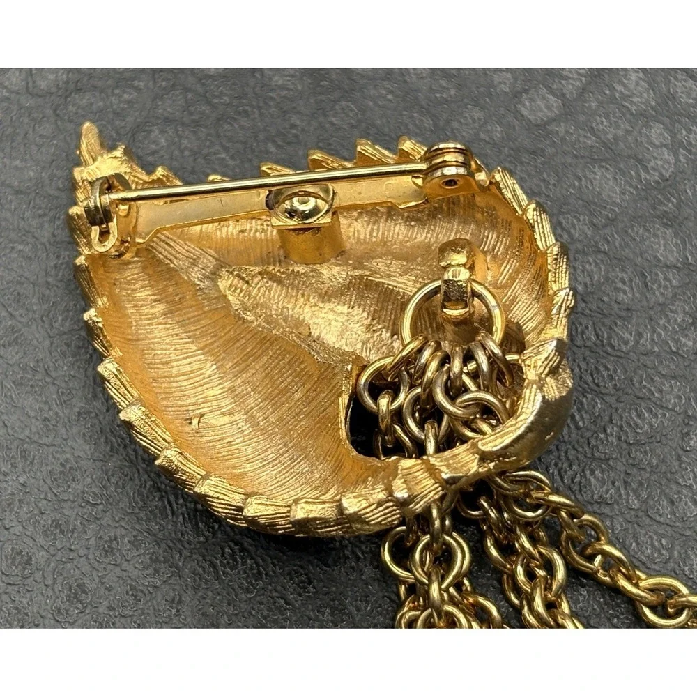 Vintage Waterfall Chain Tassel Brooch Pearl Beads Dangle Pin Gold Tone